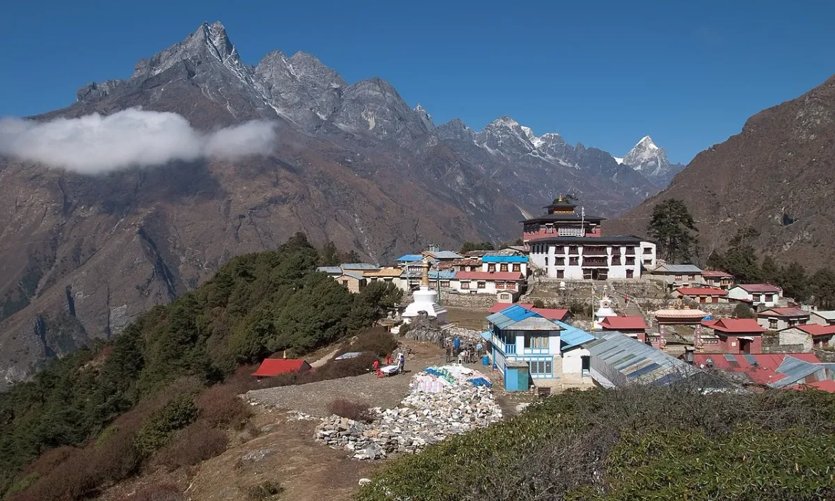 Tengboche Monastery nestled in the Himalayas, Nepal, with snow-capped peaks.