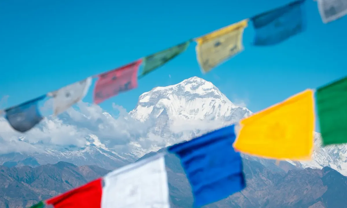 Colorful Tibetan prayer flags with Dhaulagiri mountain range Ghorepani Poon Hill trek Nepal