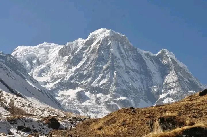 Kori Danda snow covered Annapurna mountain close up view Nepal off the beaten path trek