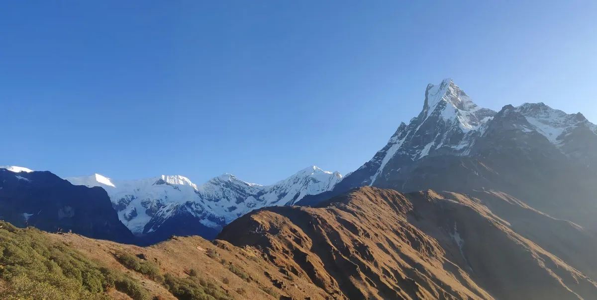  Panoramic view of Machhapuchhre Fishtail Mountain from Mardi Himal Trek ridge in the Annapurna region Nepal