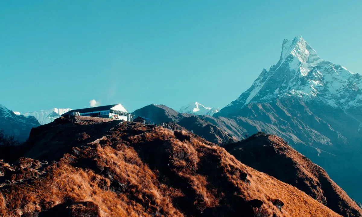 Mardi Himal High Camp with dramatic view of Machhapuchhre Fishtail Mountain Annapurna region Nepal