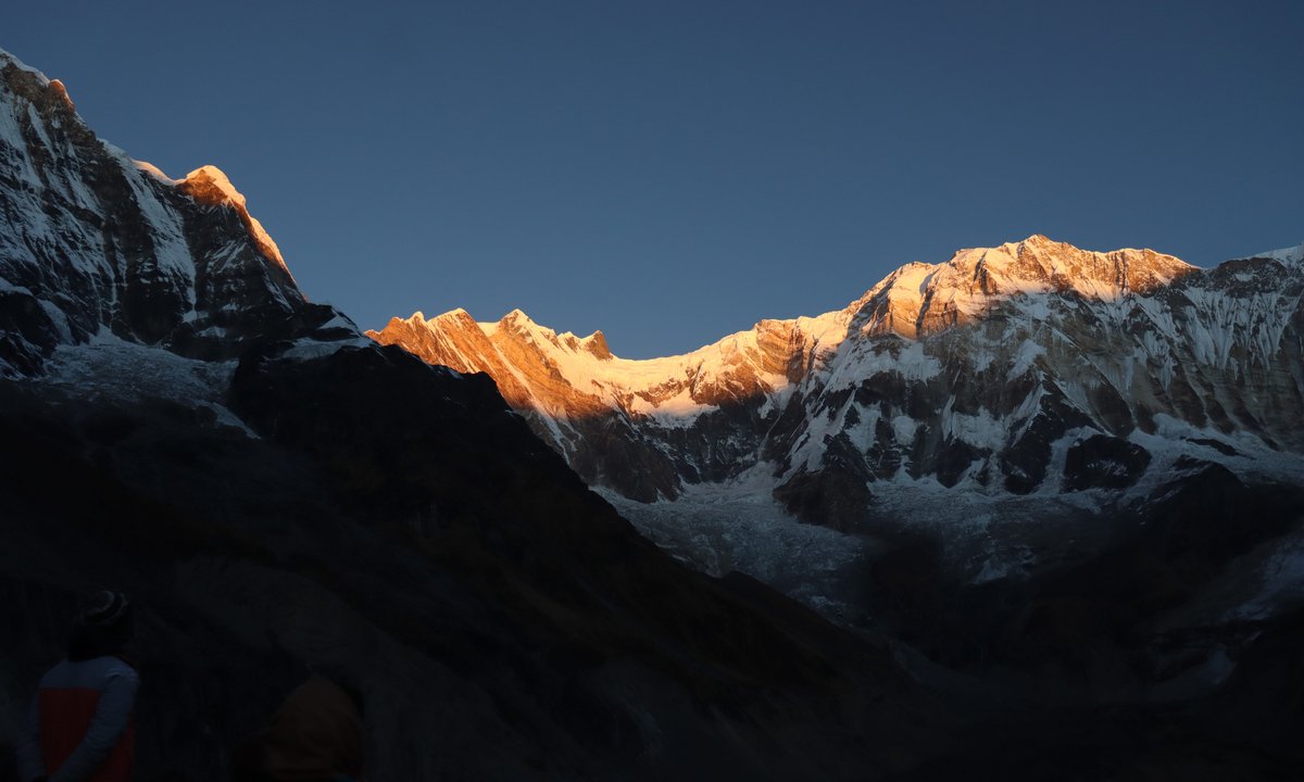Golden alpenglow on Annapurna range peaks at dawn during ABC Trek, Nepal