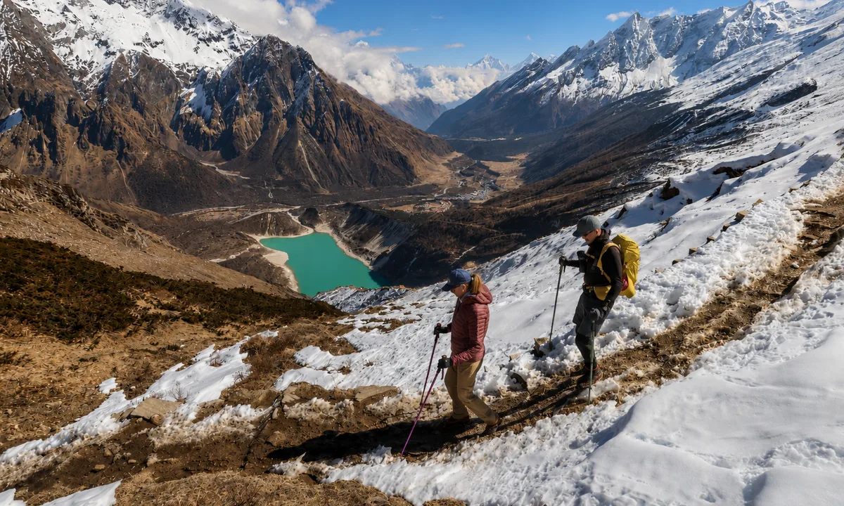 Fastpackers moving fast above glacial lake on Manaslu Circuit high route, Nepal