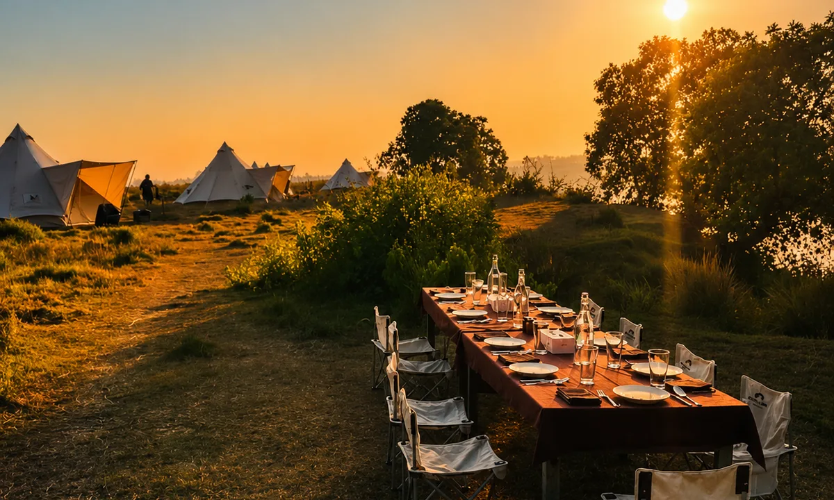 Outdoor candlelit safari dining table set under open skies at a luxury glamping camp in Bardiya National Park 
