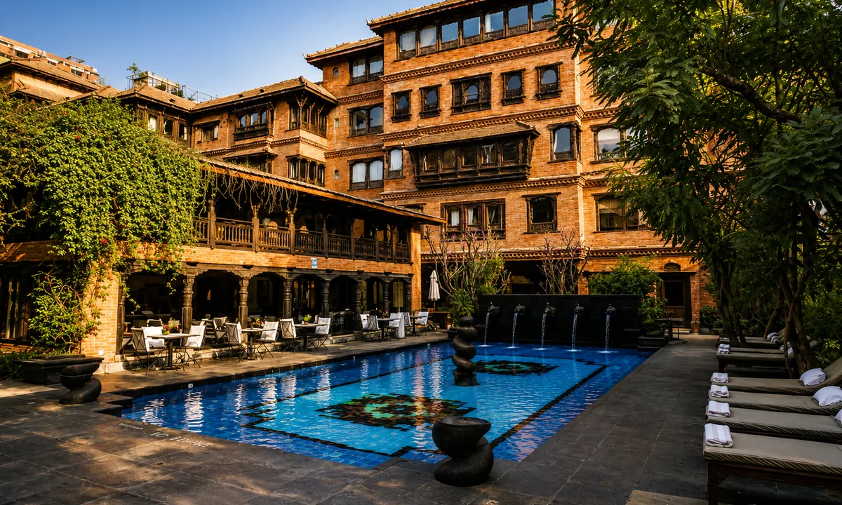 Ornate heritage lodge facade draped in greenery reflected in a blue swimming pool dwarika's hotel in kathmandu