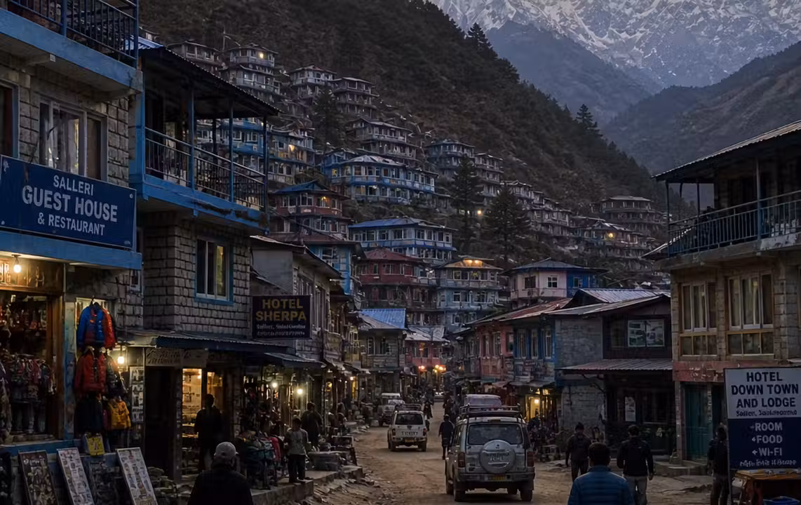 Salleri town in the Solukhumbu district of Nepal at dusk with travellers and guesthouses along the main road