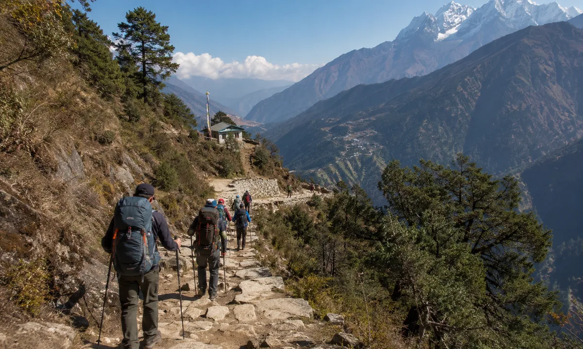 Trekkers walking the Everest Base Camp trail below Lukla in the Solukhumbu region of Nepal
