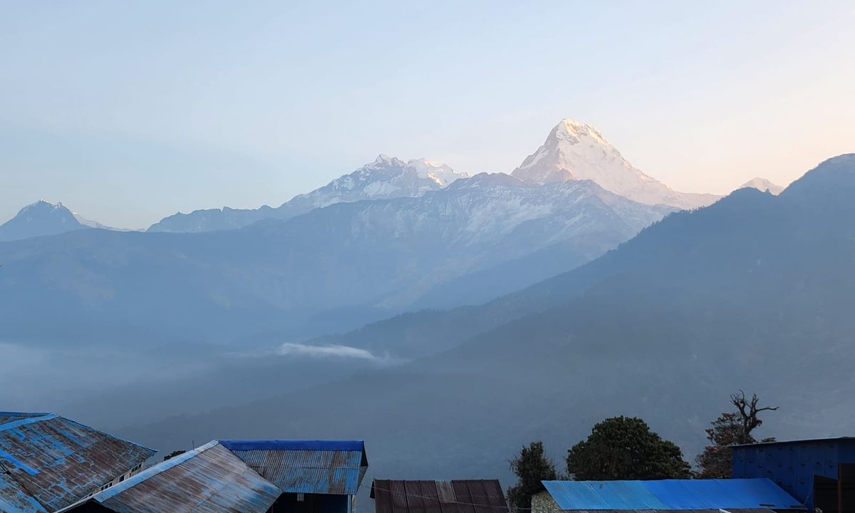 Ghorepani village at dawn with Dhaulagiri and Annapurna range, Poon Hill trek, Nepal