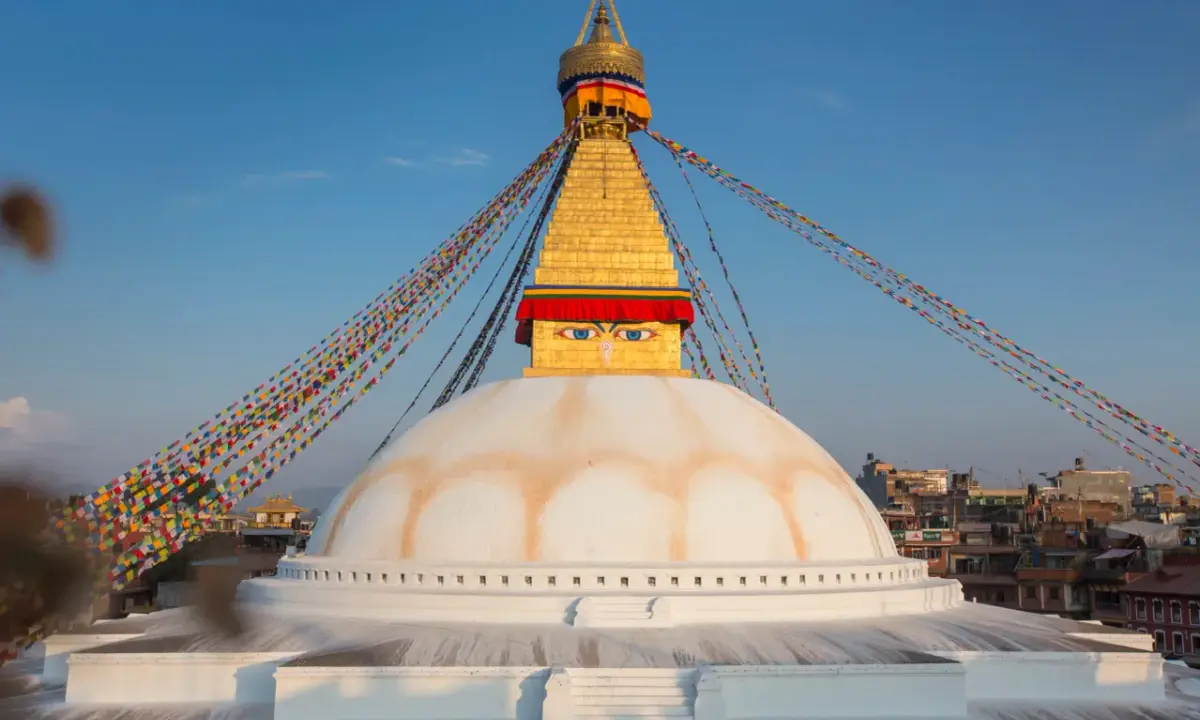 One of the largest spherical stupas in the world and the spiritual center for Tibetan Buddhism in Kathmandu.