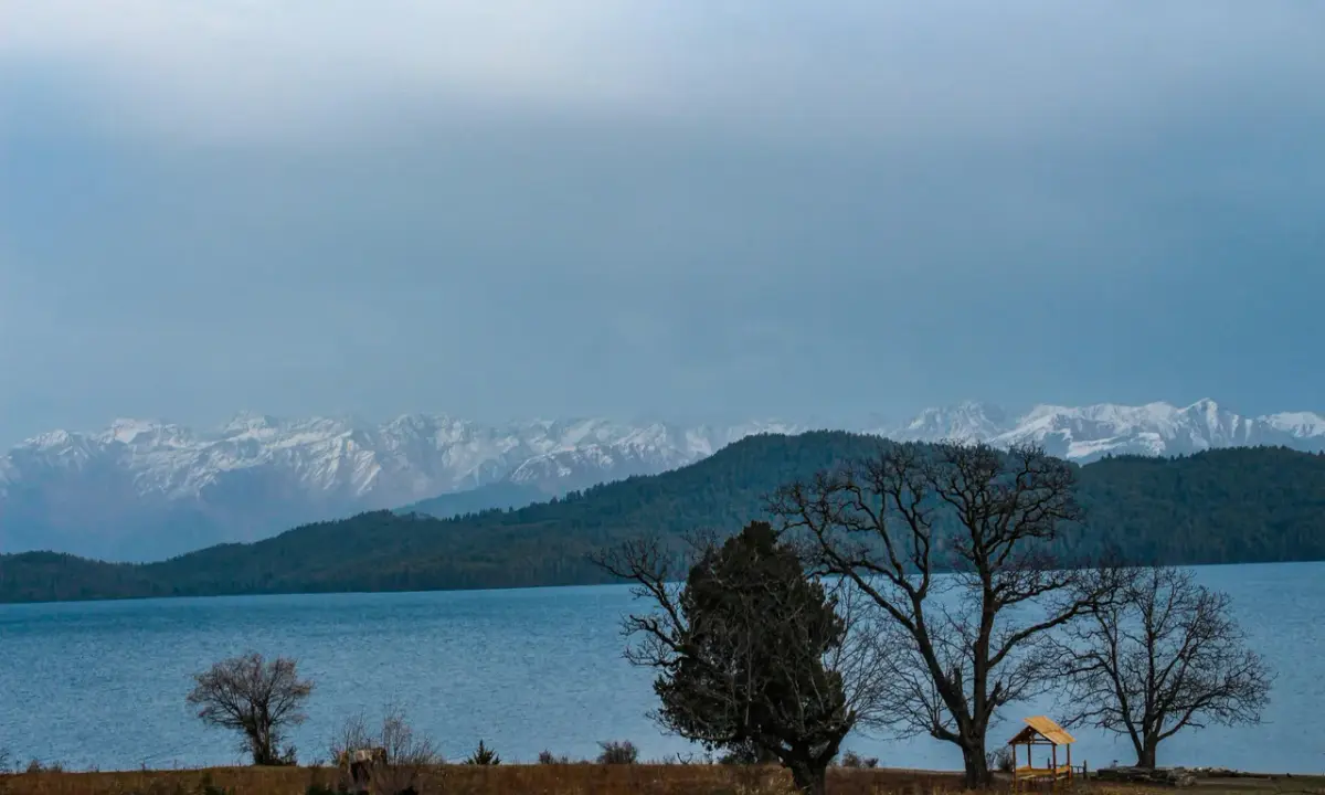 Serene Rara Lake at dusk with snow-capped Himalayan peaks in the distance, surrounded by pine forests and bare winter trees, 