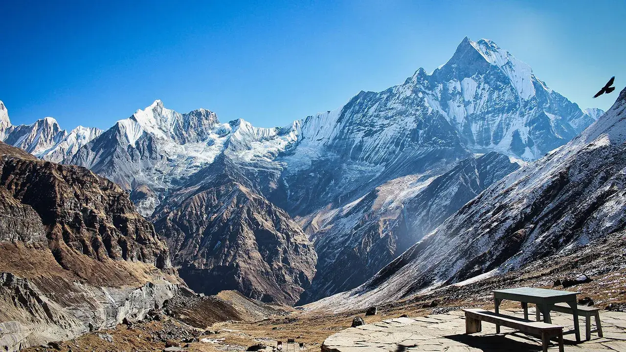 Majestic snow-capped mountains with a bird soaring in the clear blue sky.