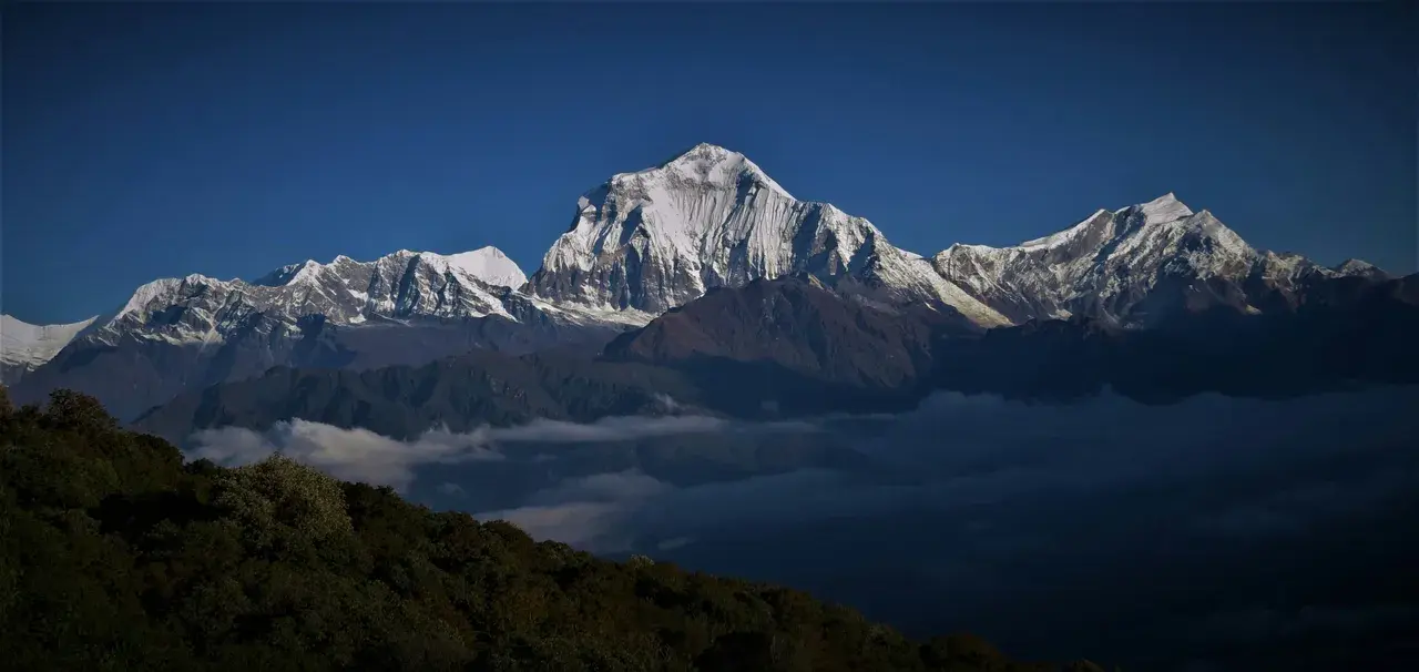Himalayan mountain range above clouds panoramic view Poon Hill trek Annapurna region Nepal with Mt. Dhaulagiri in the background