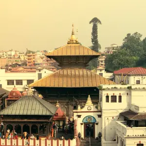 An elevated view of the Pashupatinath Temple complex in Kathmandu, featuring the main gold-roofed pagoda temple, surrounding 