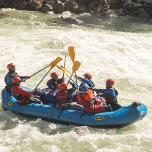 Rafters navigate a rocky river through lush green jungle.