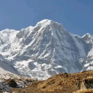 Kori Danda snow covered Annapurna mountain close up view Nepal off the beaten path trek