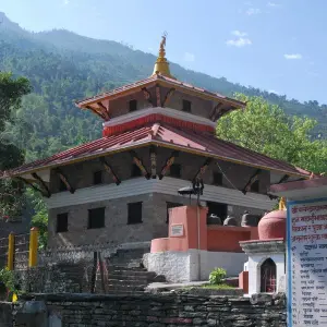 Galeshwor Mahadev Temple surrounded by lush hills, sacred Shiva shrine in Myagdi Nepal