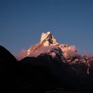 Machhapuchhre Fishtail peak glowing at sunrise during Mardi Himal Trek Annapurna Nepal