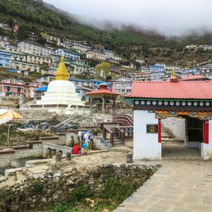 Gateway stupa and colourful buildings of Namche Bazaar, the Sherpa capital and acclimatisation stop on the Everest Base Camp Trek