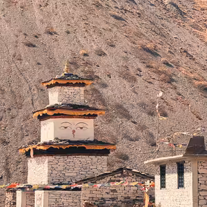 Ancient Buddhist chorten with prayer flags on the Manaslu Circuit Trek trail, Gorkha district