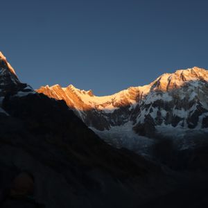 Golden alpenglow on Annapurna range peaks at dawn during ABC Trek, Nepal
