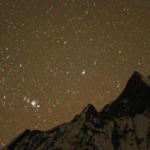 Milky Way and stars above snow-capped Himalayan peaks in the Annapurna Sanctuary