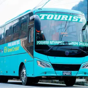 The EV tourist bus connecting Kathmandu and Pokhara — sleek, quiet, and surprisingly good value