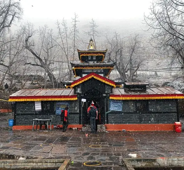 Muktinath Temple in winter, sacred Hindu and Buddhist pilgrimage site in Mustang Nepal