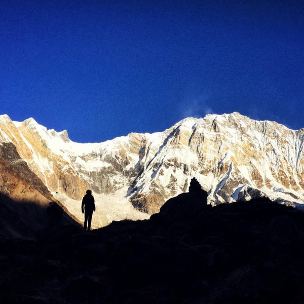 Panoramic view of the snow-covered Annapurna mountain range in Nepal